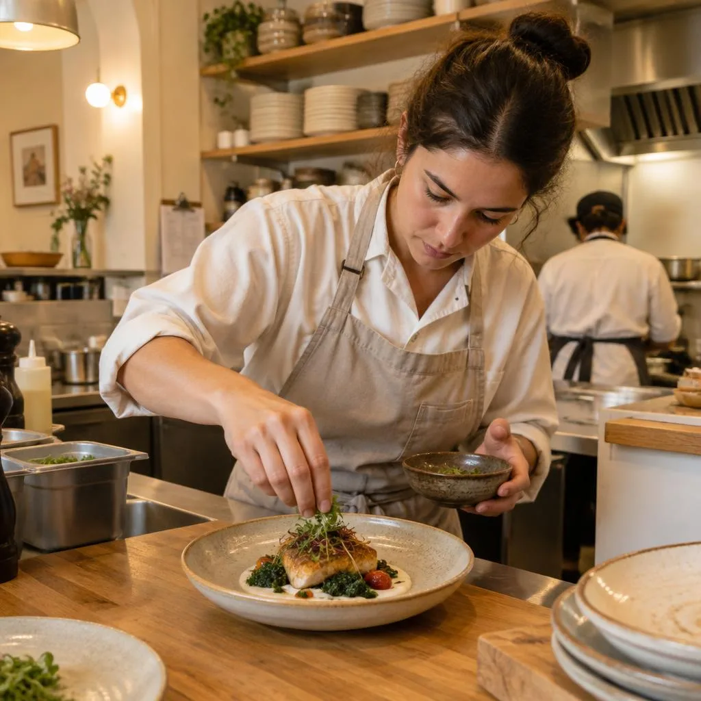 Cook plating a dish in the Qahwa kitchen