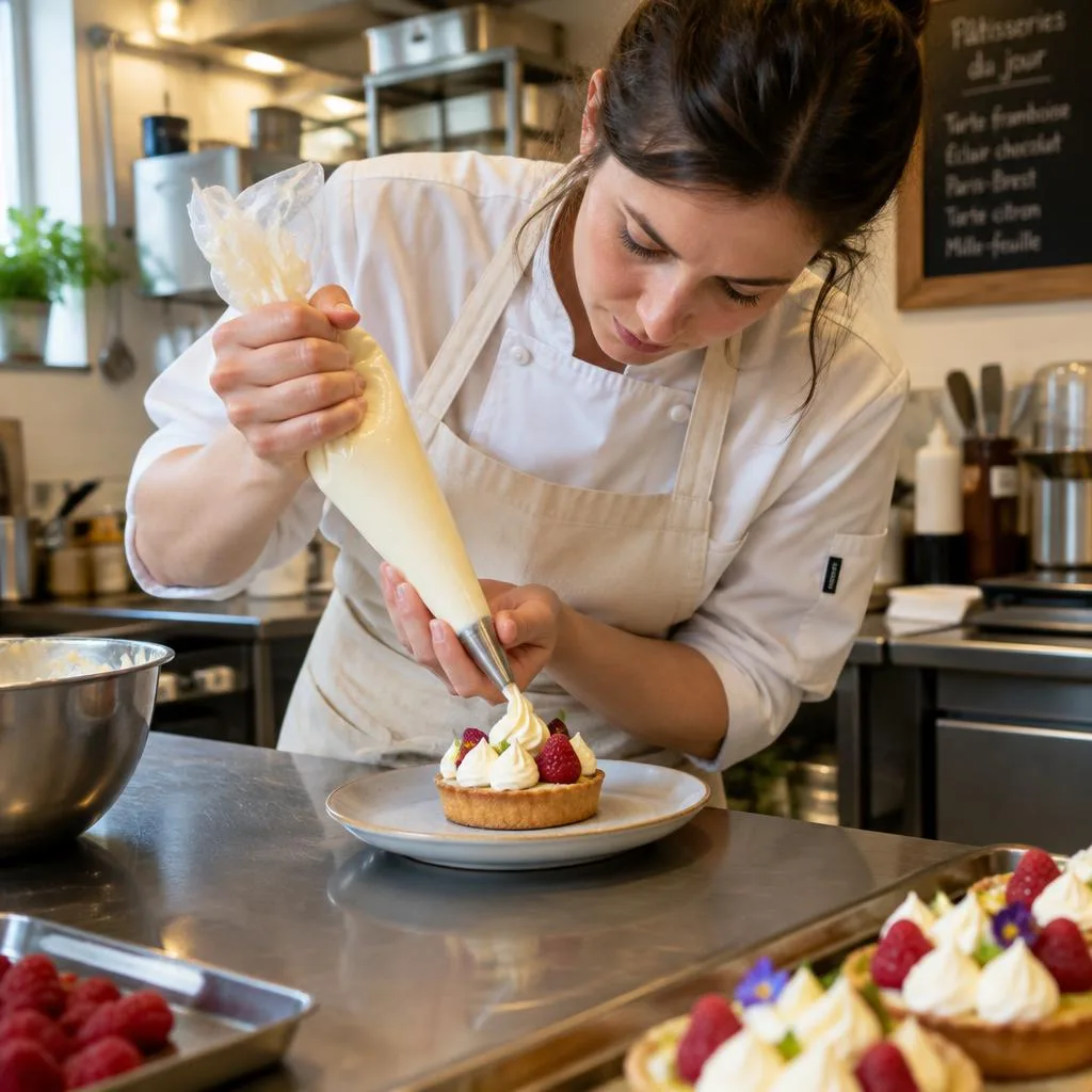 Pastry chef finishing a dessert