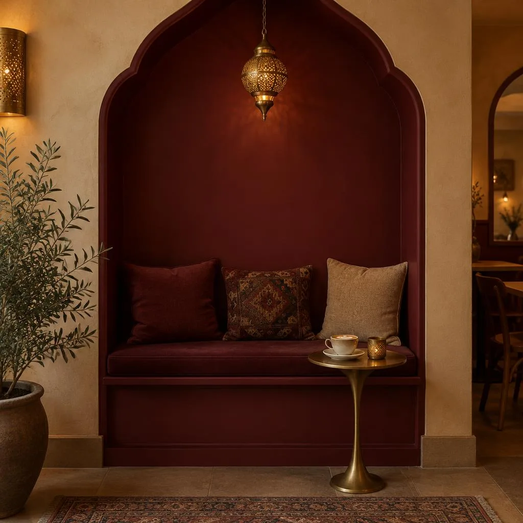 Deep maroon arched niche with a cushioned banquette
