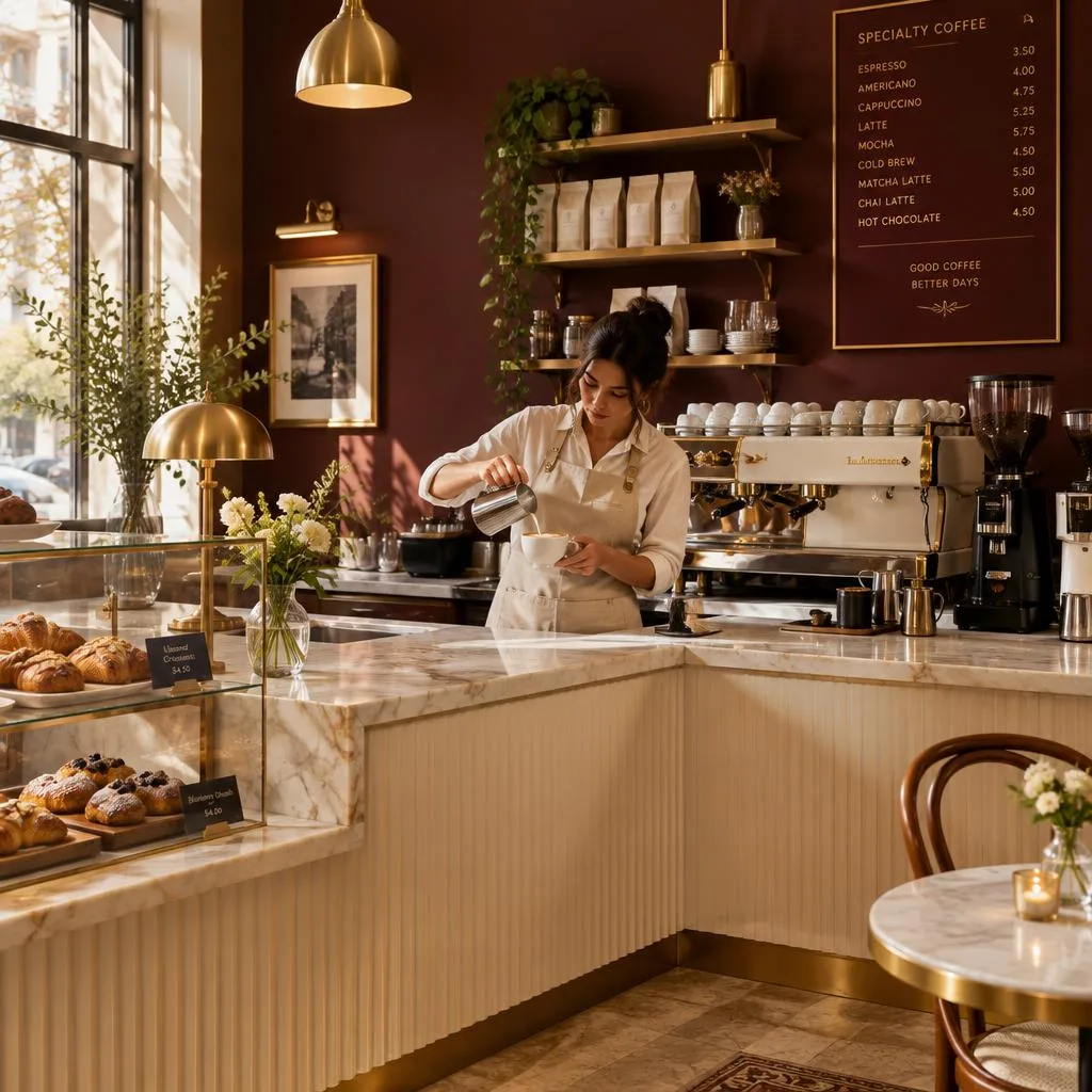 Barista building a latte at the L-shaped marble bar