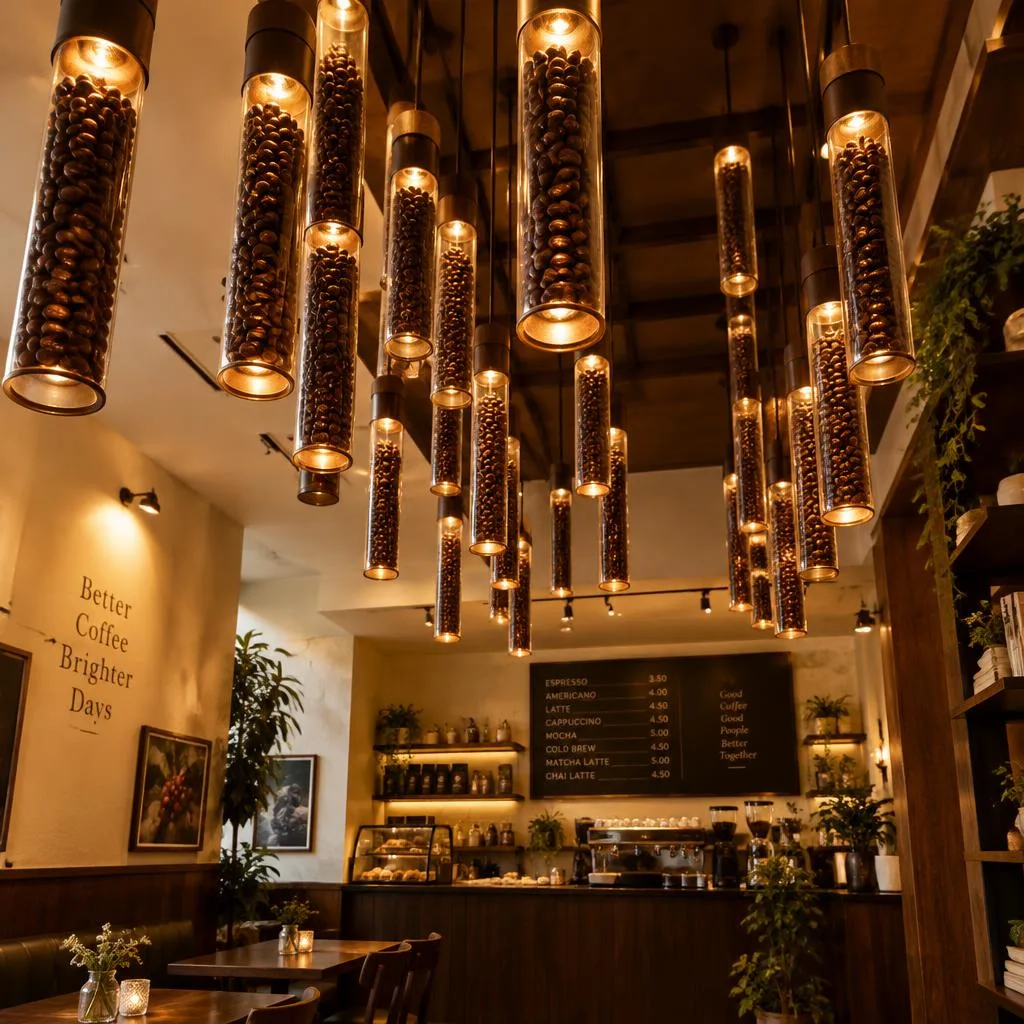 Glass tubes filled with coffee beans hanging from the café ceiling