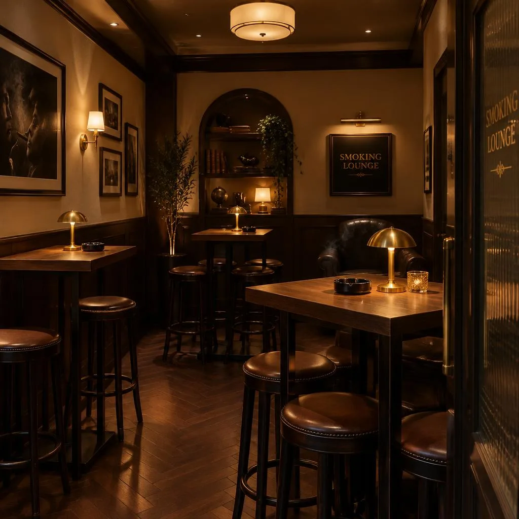 Separate smoking lounge with high tables and brass lamps